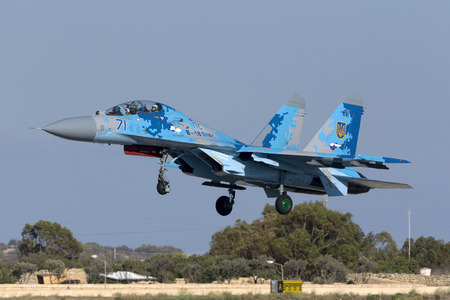 Luqa, Malta - 22 September 2016: Ukrainian Air Force Sukhoi Su-27UB [71] arriving runway 31 for...