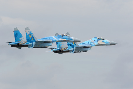 Luqa, Malta - 26 September 2016: Ukrainian Air Force Sukhoi Su-27P [58] and Su-27UB [71] making a...
