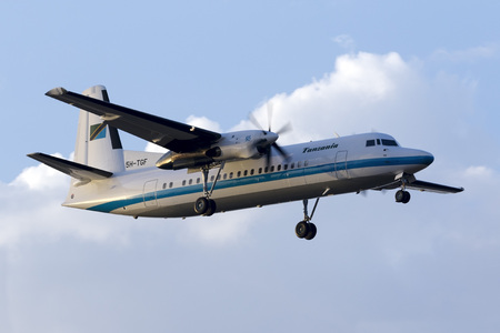 Luqa, Malta June 28, 2017: Tanzania Government Fokker 50 [5H-TGF] on finals runway 13 in the late...