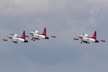Luqa, Malta September 26, 2017: Northrop (Canadair) NF-5A-2000 (CL-226) of the Turkish Air Force display team Turkish Stars departing after participating in MIA2017 the previous weekend.のeditorial素材
