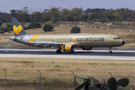 Luqa, Malta May 10, 2018: Thomas Cook Airlines Airbus A321-211 [REG: G-TCDV] in e new special livery promoting 'Cook's Club' new generation of Hotels.のeditorial素材