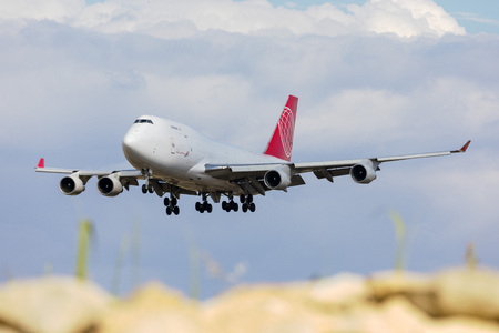 Luqa, Malta - May 15, 2019: Air Cargo Global Boeing 747-433M(BDSF) (OM-ACB) landing runway 31.のeditorial素材