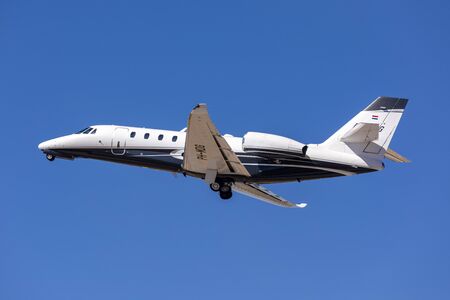 Luqa, Malta - June 19, 2019: A private Cessna 680 Citation Sovereign+ (REG: PH-MDG) taking off from runway 31.のeditorial素材