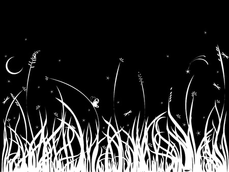 black-and-white background with grass and bugs,  design elementのイラスト素材