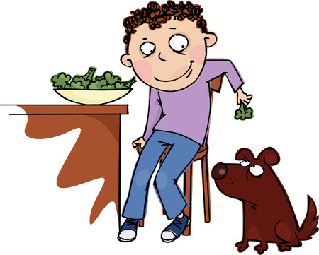The boy feeds the dog broccoli のイラスト素材