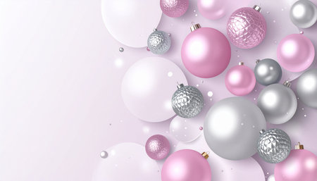 Christmas and New Year background with pink and silver Christmas balls. Vector illustration.の素材