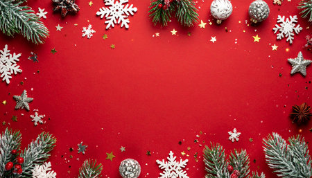 Christmas background with fir branches, snowflakes and decorations on redの素材