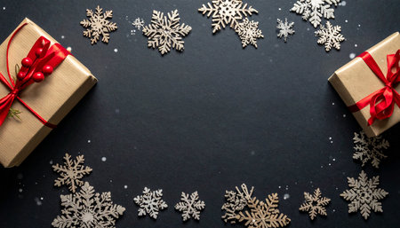 Christmas background with gift box and snowflakes on black background. Top view with copy spaceの素材