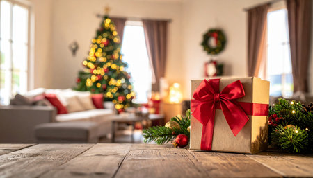 Christmas gift box on wooden table in living room with Christmas tree backgroundの素材