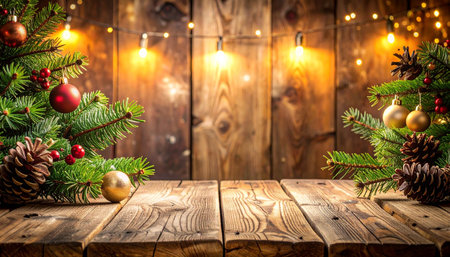 Christmas background with fir tree branches and decorations on wooden planks.の素材