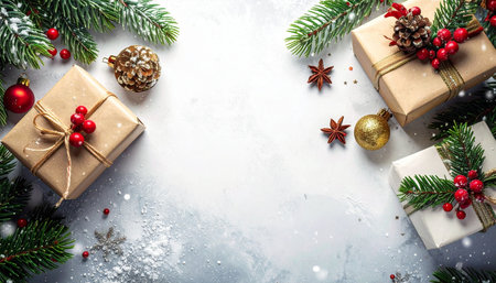 Christmas greeting card. Festive decoration on white wooden background. New Year concept. Copy space.  Flat lay. Top view.の素材