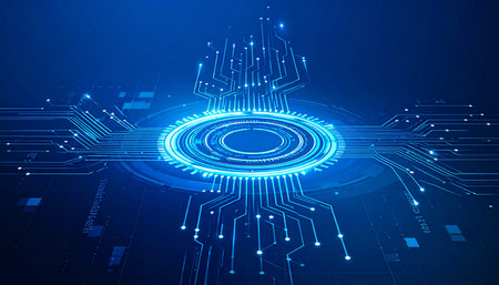 Abstract futuristic circuit board on blue background. Technology concept. Vector illustrationの素材