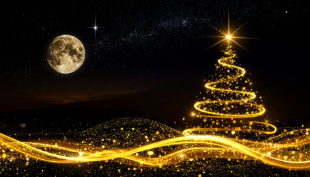 christmas tree with golden light and stars on the night sky backgroundの素材
