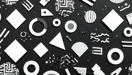 Collage of various geometric shapes on black background. Flat lay, top view.の素材
