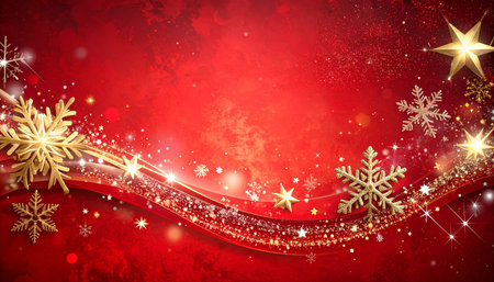 Christmas red background with snowflakes, stars and bokehの素材