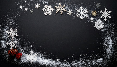 Christmas background with snowflakes and decoration on black background. Top viewの素材