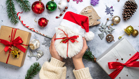 Female hands with Santa Claus hat and Christmas gifts on white background.の素材