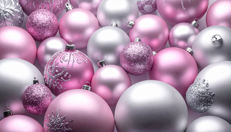 christmas background with pink and silver baubles and snowflakesの素材