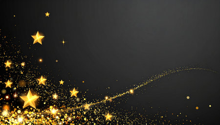 Black background with golden stars and sparkles. Vector Illustration.の素材
