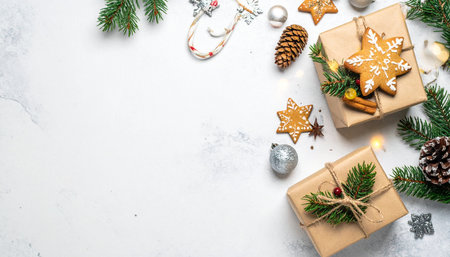 Christmas and New Year background with gingerbread cookies, fir tree branches, gift boxes and Christmas decorations on white background. Top view with copy space.の素材