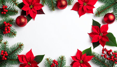 Christmas background with poinsettia and fir branches on white backgroundの素材