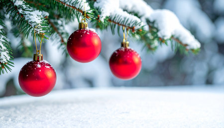 Christmas background with red baubles on snowy fir tree branches.の素材