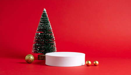 White podium on a red background with Christmas tree and golden balls.の素材