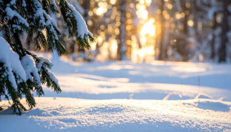 Fir tree branches covered with snow in winter forest at sunset.の素材
