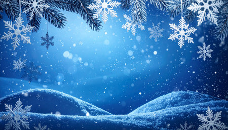 Christmas background with snowflakes and fir tree branches on blue backgroundの素材