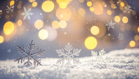 Snowflakes on snow with bokeh background. Christmas and New Year background.の素材