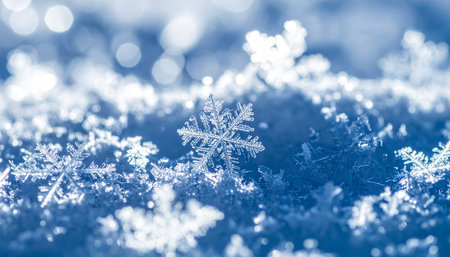 snowflakes on a background of blue winter snow. macroの素材