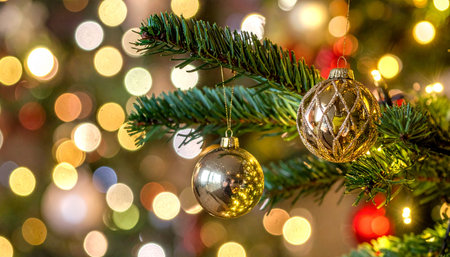 Christmas ornaments on the Christmas tree with bokeh backgroundの素材