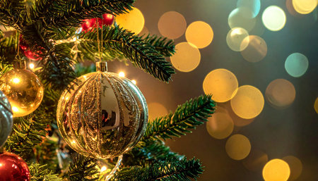 Christmas tree with decoration on bokeh background, Merry Christmas and Happy New Yearの素材