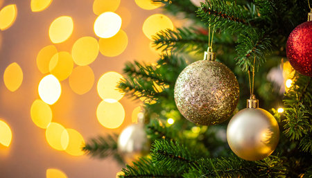 Christmas tree with decoration on bokeh background. Merry Christmas and Happy New Year.の素材