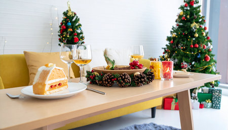 Christmas and New Year table setting with Christmas tree, gifts and decorationsの素材