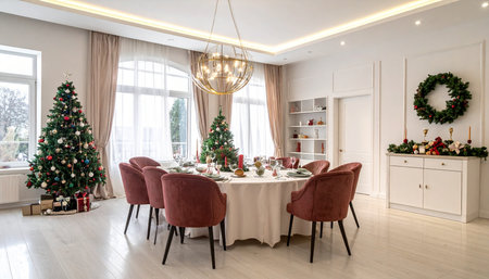 Beautiful Christmas and New Year decorated dining room with a Christmas treeの素材