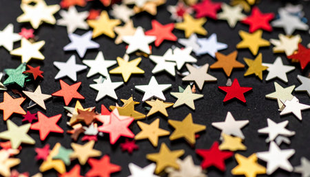 Colorful confetti on a black background. Shallow depth of field.の素材