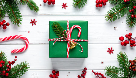 Christmas gift box with fir tree branches and red berries on white wooden backgroundの素材