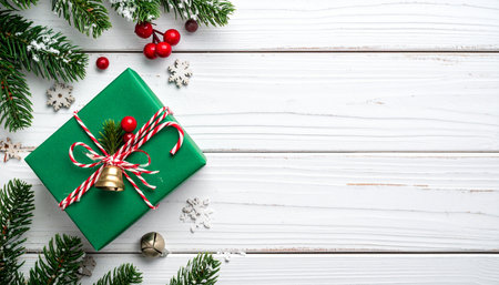 Christmas gift box and fir tree branches on white wooden background. Top view with copy spaceの素材