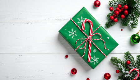 Christmas gift box and decoration on white wooden background. Top view with copy spaceの素材