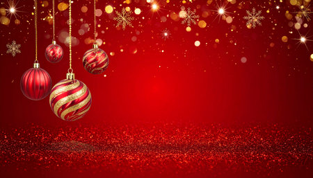 Red Christmas background with balls and snowflakes. Vector illustration.の素材