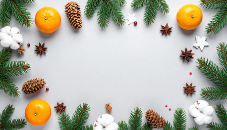 Christmas composition with fir branches, tangerines and decorations on grey background. Flat lay, top view, copy spaceの素材