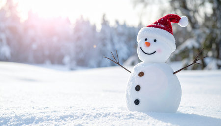 Snowman in red hat on snow in winter forest. Christmas and New Year concept.の素材