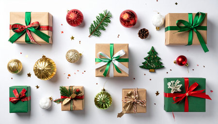 Christmas background with gift boxes and decorations on white background. Flat lay, top view.の素材