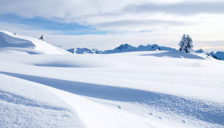 Winter mountains panorama with snow covered fir trees and blue sky.の素材