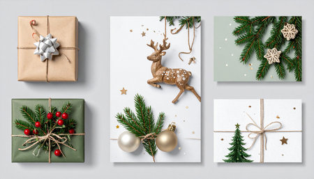 Christmas greeting card mockup with fir tree branches, gift boxes and reindeer on gray backgroundの素材