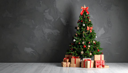 Christmas tree with presents under it in front of a grey wall with copy spaceの素材