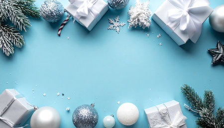 Christmas or New Year composition. Gifts, christmas balls and decorations on blue background. Flat lay, top view, copy spaceの素材