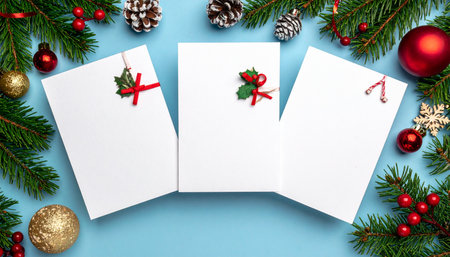Christmas greeting card mockup on blue background. Top view with copy space.の素材