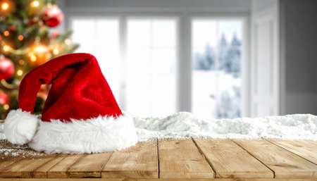 Wooden table with santa hat on the background of Christmas treeの素材